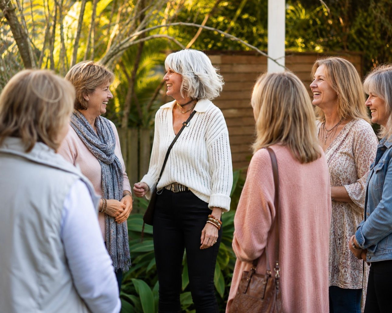 Ros Banksia-Smith in conversation with a small group of women outdoors