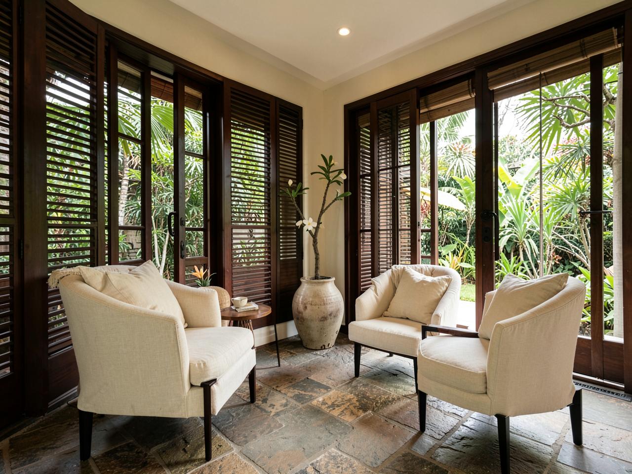 A calm hospitality lounge with timber screens and linen chairs opening to tropical greenery