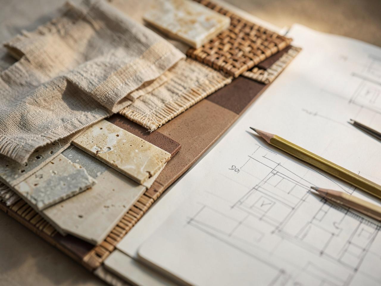 Stone, linen and rattan samples beside an open sketchbook of architectural drawings